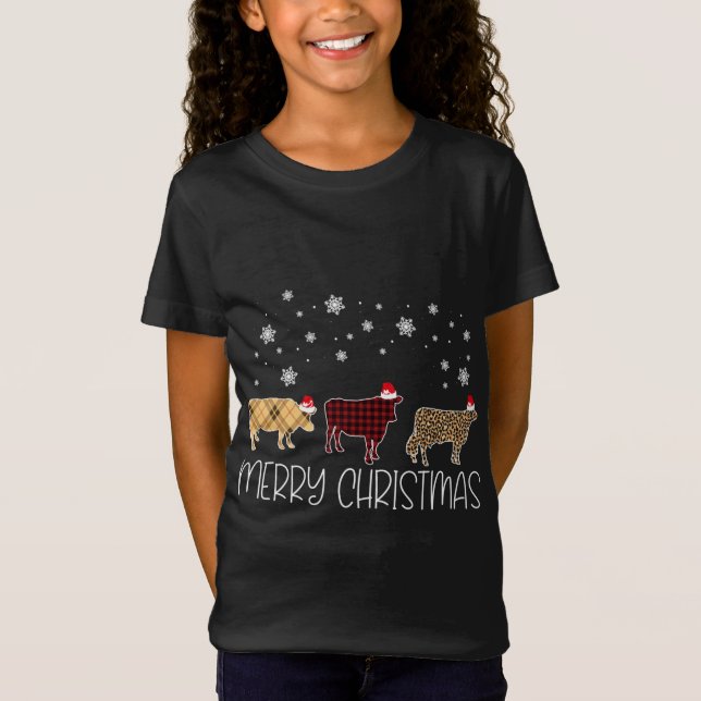 Cow Merry Christmas Cute Plaid Leopard X-Mas Pajam T-Shirt (Front)