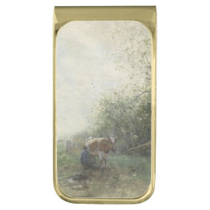 Cow milking, Willem Maris Gold Finish Money Clip