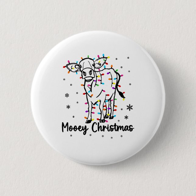 Cow Mooey Christmas Light Tree Funny Xmas Snow & C Button (Front)