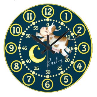 Cow moon jump kids whimsy watercolor art clock