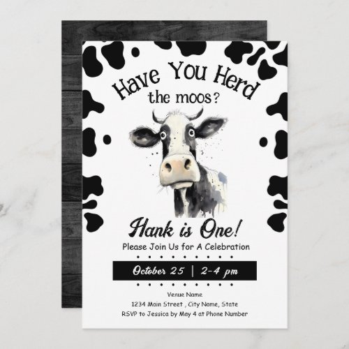  Cow Moos 1st Birthday Watercolor Invitation