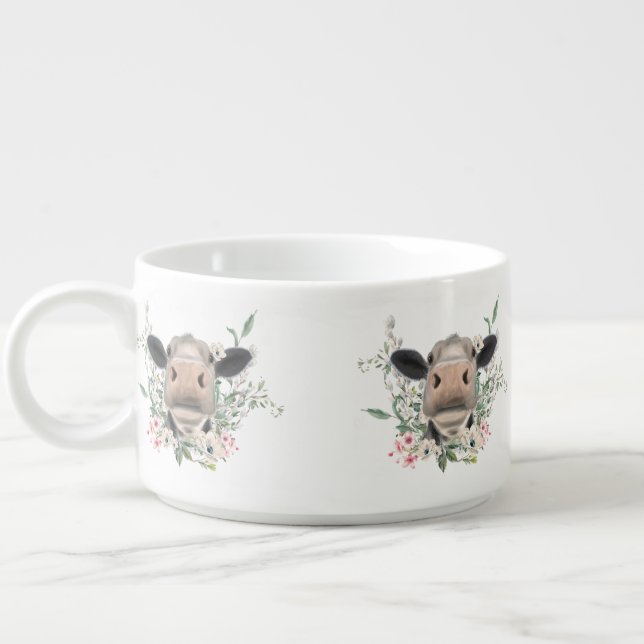 cow nose kiss flowers watercolor gray farm animal bowl (Right)