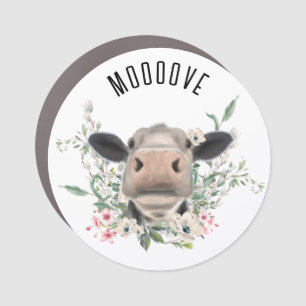 cow nose kiss flowers watercolor gray farm animal car magnet