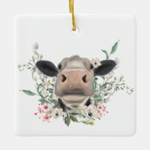 cow nose kiss flowers watercolor gray farm animal ceramic ornament