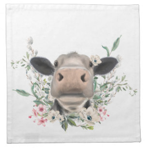 cow nose kiss flowers watercolor gray farm animal cloth napkin
