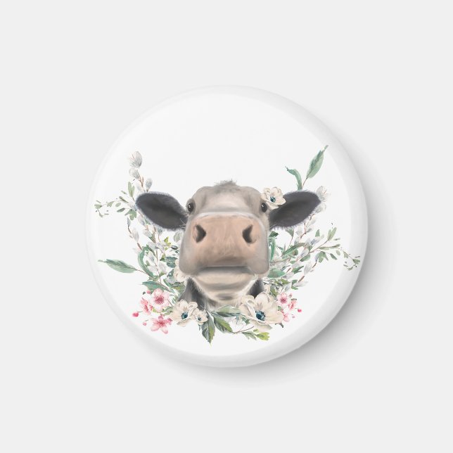 cow nose kiss flowers watercolor gray farm animal magnet (Front)