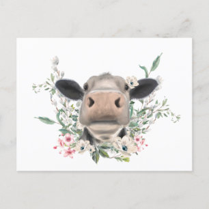 cow nose kiss flowers watercolor gray farm animal postcard