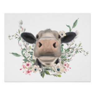 cow nose kiss flowers watercolor gray farm animal poster