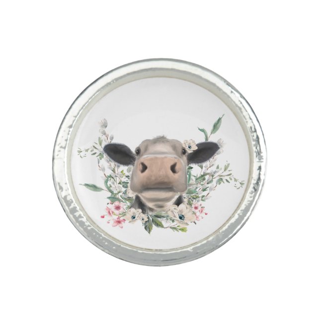 cow nose kiss flowers watercolor gray farm animal ring (Front)