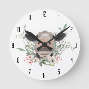 cow nose kiss flowers watercolor gray farm animal round clock