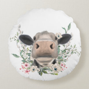 cow nose kiss flowers watercolor gray farm animal round pillow
