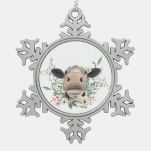 cow nose kiss flowers watercolor gray farm animal snowflake pewter christmas ornament