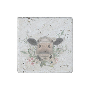 cow nose kiss flowers watercolor gray farm animal stone magnet