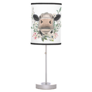 cow nose kiss flowers watercolor gray farm animal table lamp