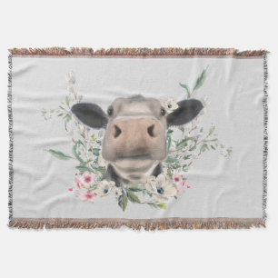 cow nose kiss flowers watercolor gray farm animal throw blanket