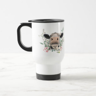 cow nose kiss flowers watercolor gray farm animal travel mug