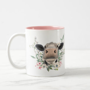 cow nose kiss flowers watercolor gray farm animal Two-Tone coffee mug