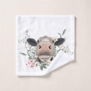 cow nose kiss flowers watercolor gray farm animal wash cloth