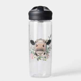 cow nose kiss flowers watercolor gray farm animal water bottle