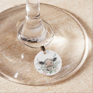 cow nose kiss flowers watercolor gray farm animal wine charm