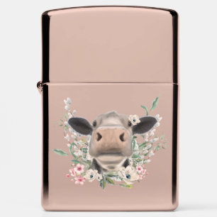 cow nose kiss flowers watercolor gray farm animal zippo lighter