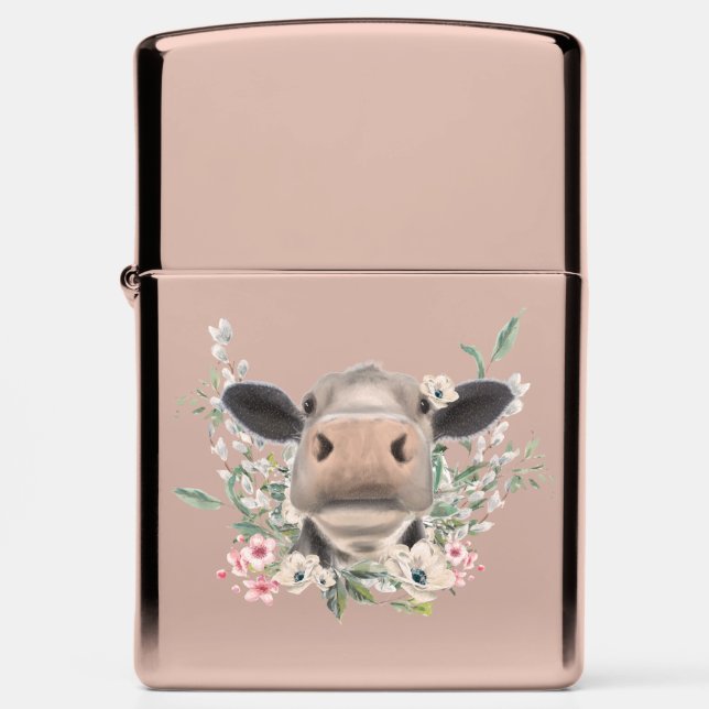 cow nose kiss flowers watercolor gray farm animal zippo lighter (Front)