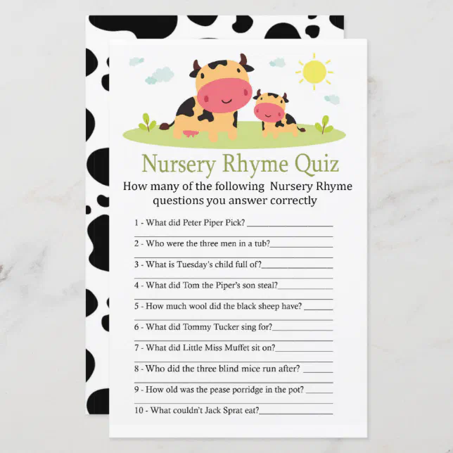 Cow Nursery Rhyme Quiz baby shower game Zazzle