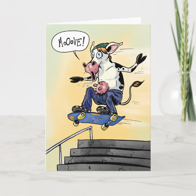 Cow on a Skateboard Yelling Move Thank You Card (Front)