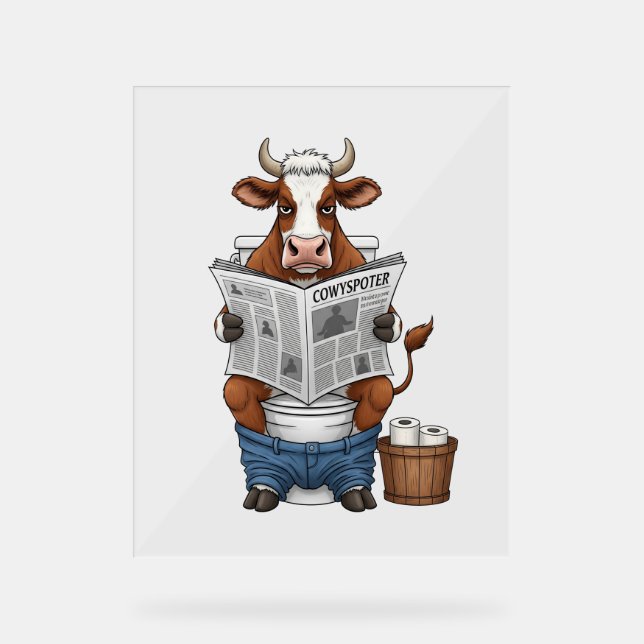 Cow on Toilet , Funny Farm Animal Acrylic Sign (Front)