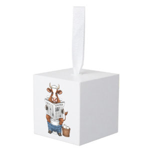 Cow on Toilet PNG, Funny Farm Animal Cube Ornament
