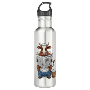 Cow on Toilet PNG, Funny Farm Animal Stainless Steel Water Bottle