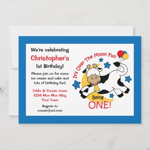 Cow Over Moon 1st Birthday Invitation