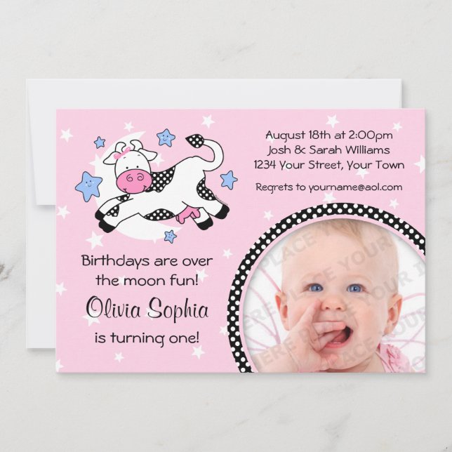 Cow Over Moon Baby Photo Birthday Invitation (Front)