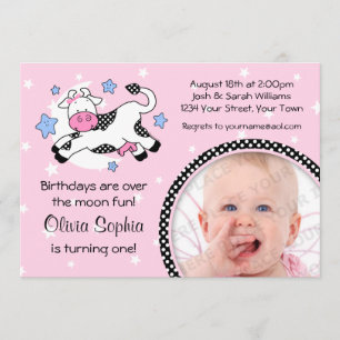 Cow Over Moon Baby Photo Birthday Invitation