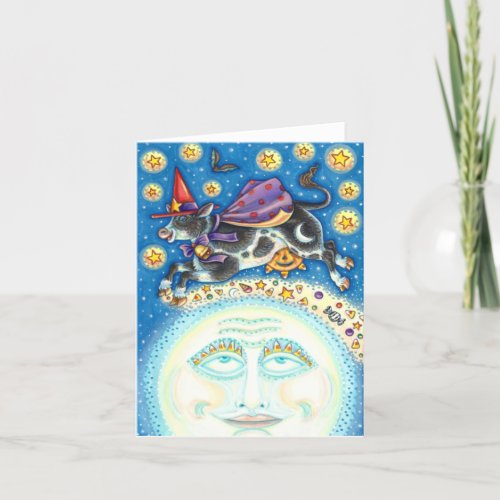 COW OVER THE MAN IN THE MOON COLORFUL WHIMSY Blank Card