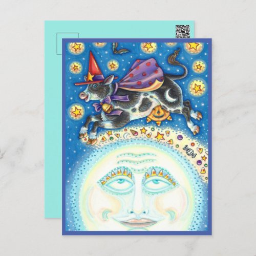 COW OVER THE MAN IN THE MOON COLORFUL WHIMSY HOLIDAY POSTCARD