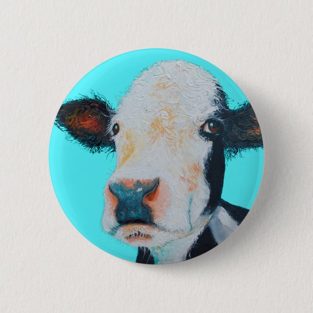Cow painting on blue background button (Front)