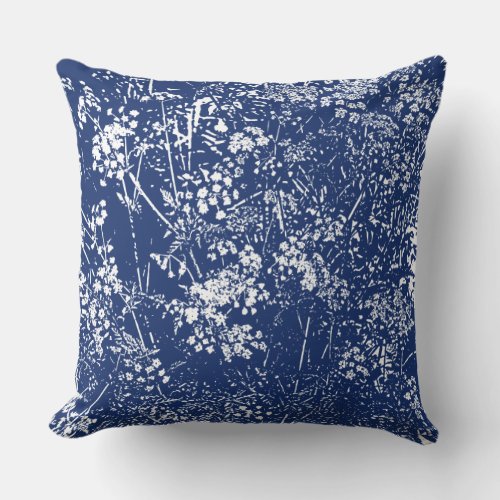 Cow Parsley Cyanotype Style Throw Pillow