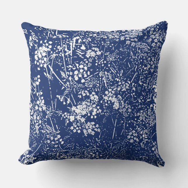 Cow Parsley Cyanotype Style Throw Pillow (Front)