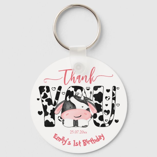 Cow party pink cow thank you favor keychain (Front)