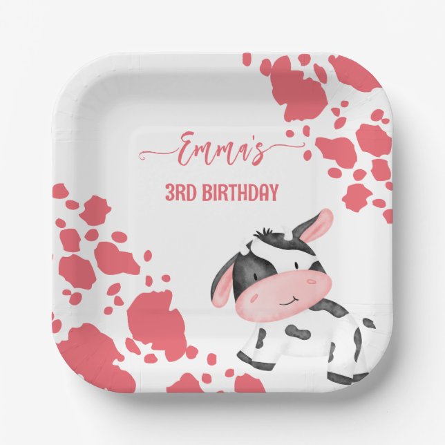 Cow party tableware pink cow pattern personalized paper plates (Front)