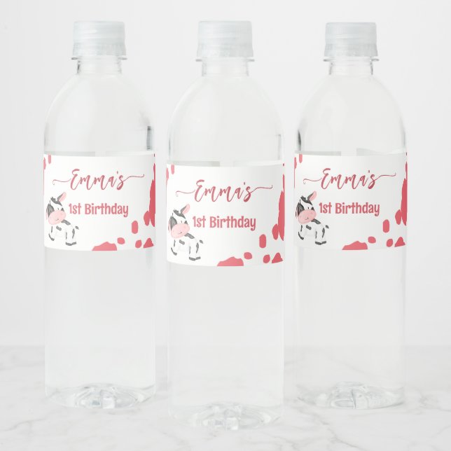 Cow party tableware pink cow pattern personalized water bottle label (Bottles)