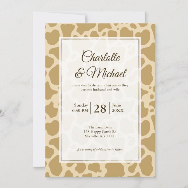 Cow Pattern Beige Background Wedding Invitation (Front)