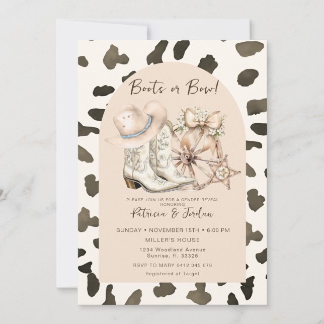 Cow Pattern Western Boots or Bow Gender Reveal Invitation (Front)