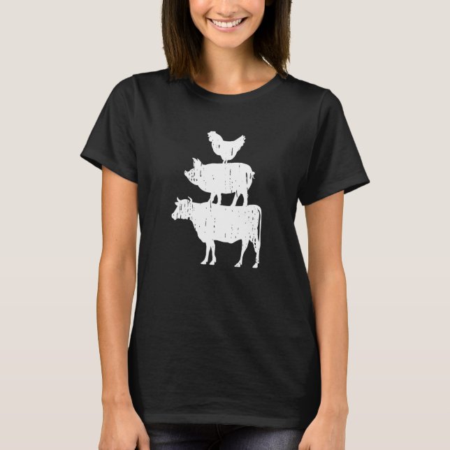 Cow Pig And Chicken Stacked Farm Animals Distresse T-Shirt (Front)