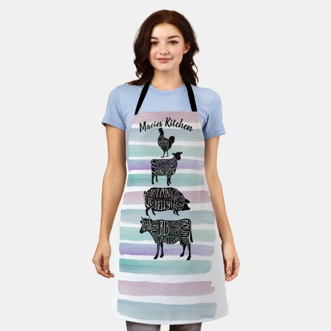 cow pig chicken butcher meat cuts art small holder apron (Worn)