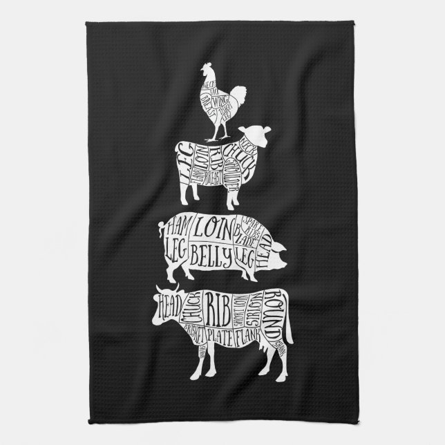 cow pig chicken butcher meat cuts art small holder kitchen towel (Vertical)