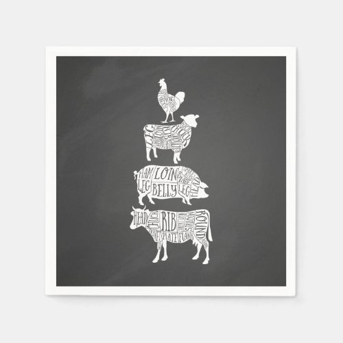 cow pig chicken butcher meat cuts art small holder napkins