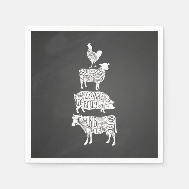 cow pig chicken butcher meat cuts art small holder napkins (Front)