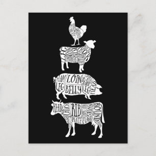 cow pig chicken butcher meat cuts art small holder postcard